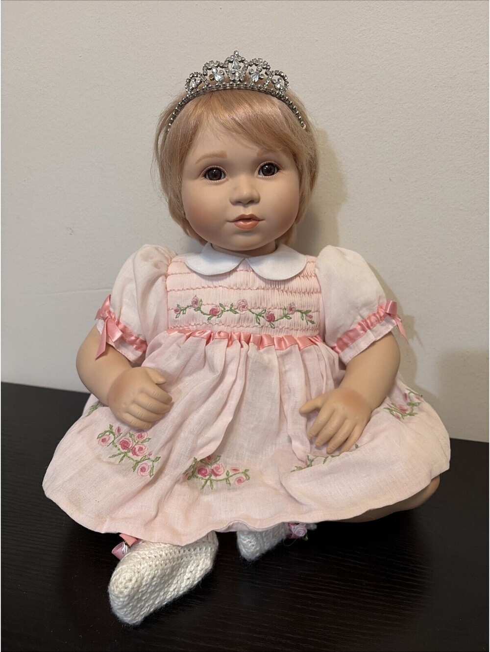 Danbury Mint Porcelain Girl Doll Pink Flower Dress Crochet Booties Collectible